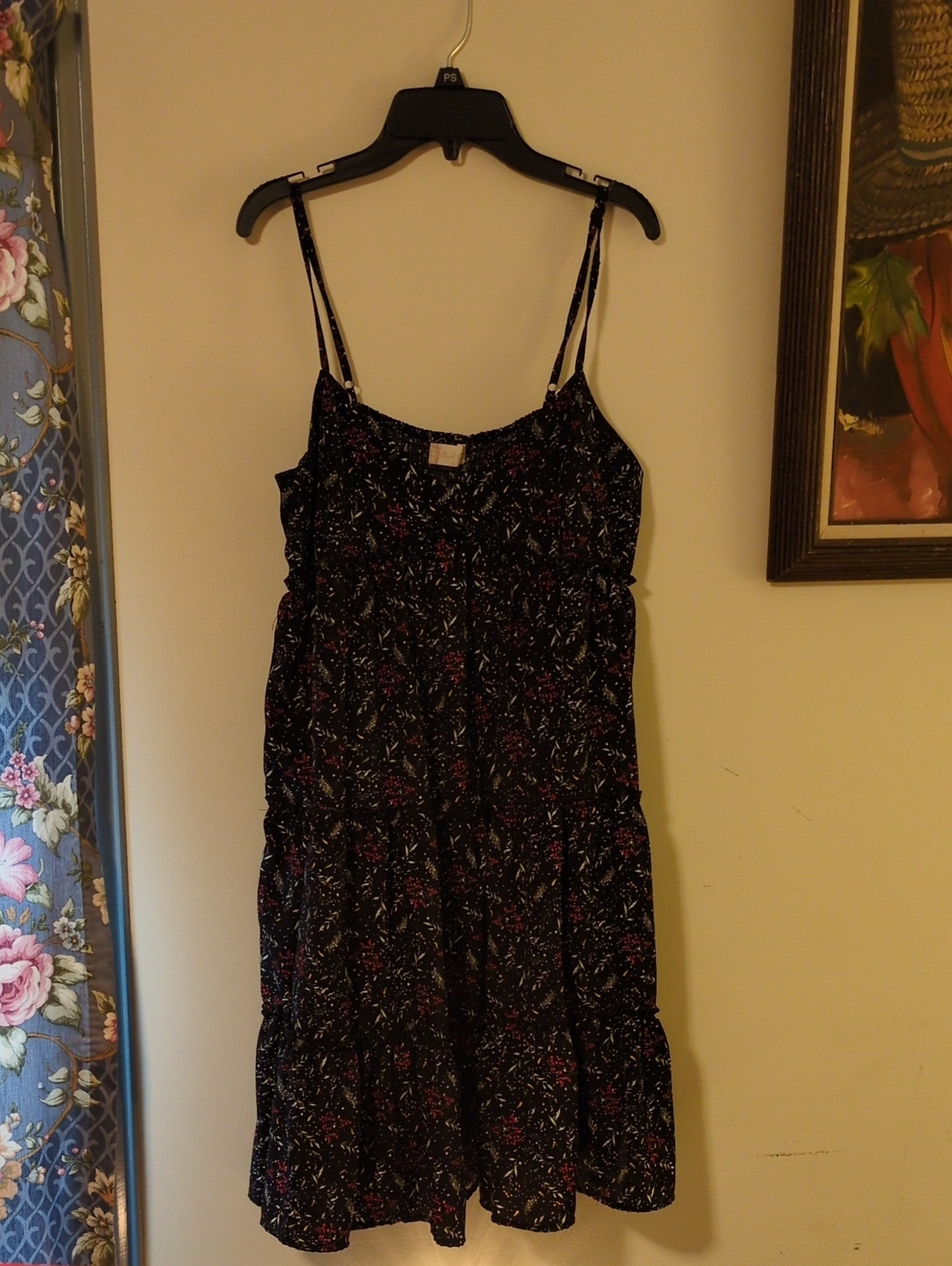 Altar'd State Black Floral Strap Dress with Pink & White Accents